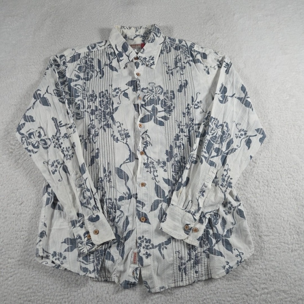 Y2K GUESS Jeans Floral Denim Button Up Shirt Men's Size Large White Embroidered
